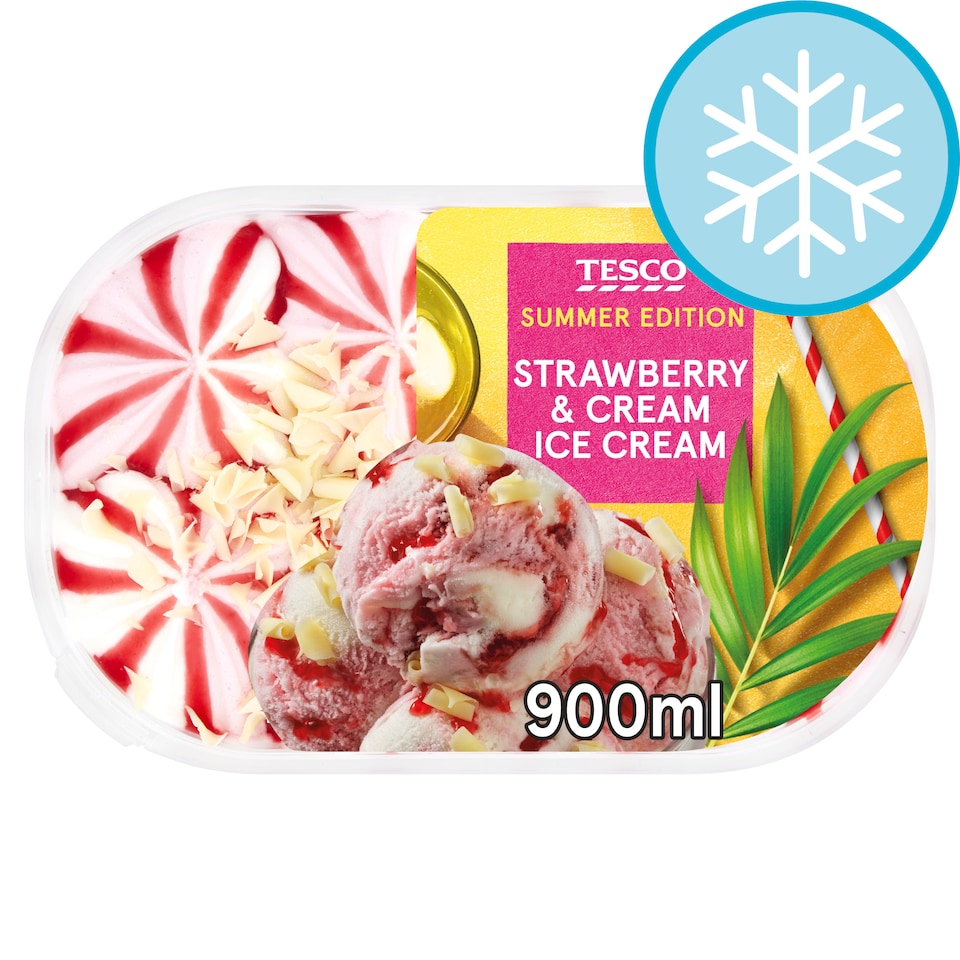 image 1 of Tesco Strawberry & Cream Ice Cream Tub 900Ml