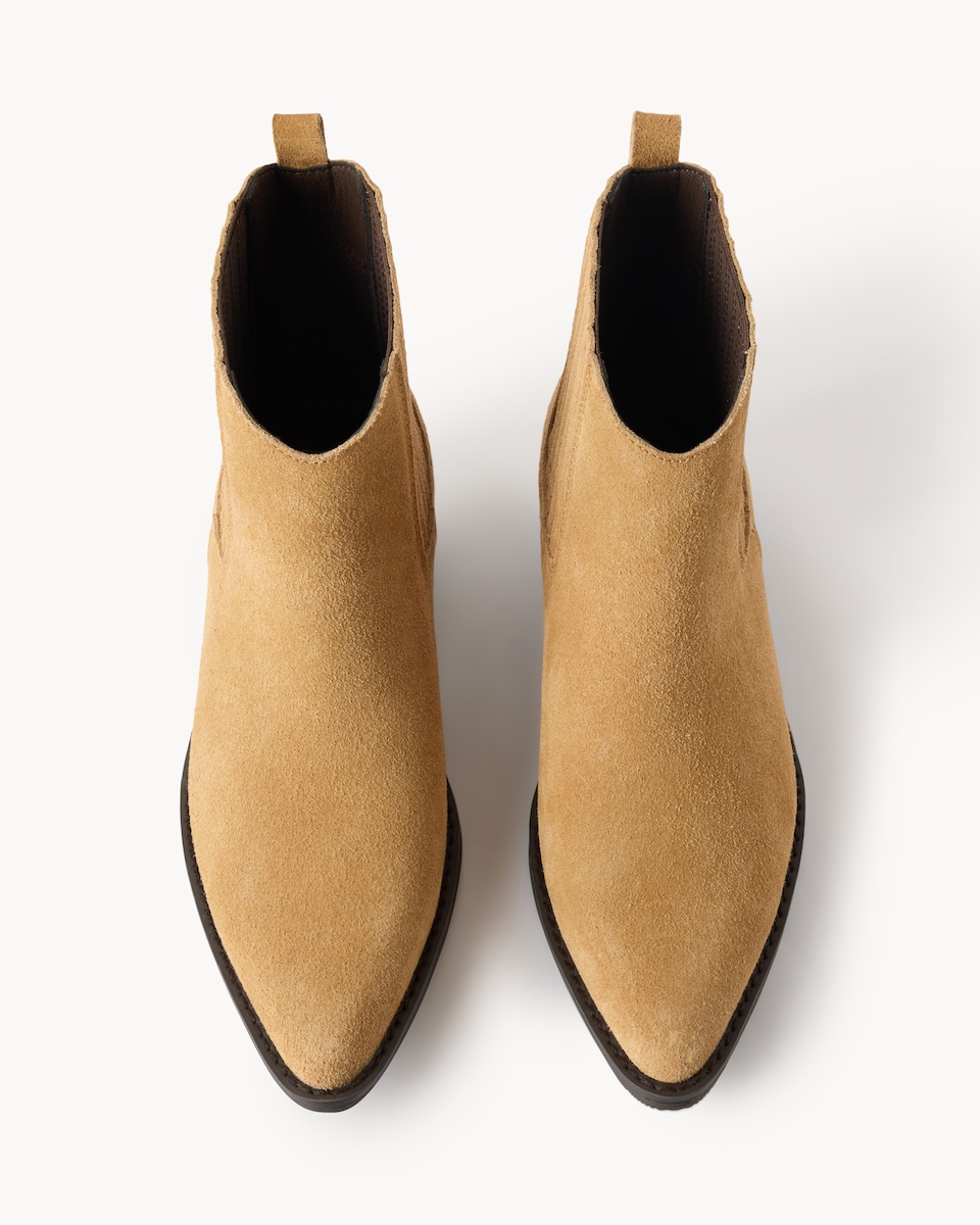 image 1 of F&F Suede Western Block Heel Ankle Boots in Tan