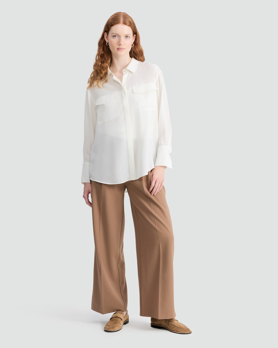 image 1 of F&F Satin Long Sleeved Pocket Front Shirt in Cream