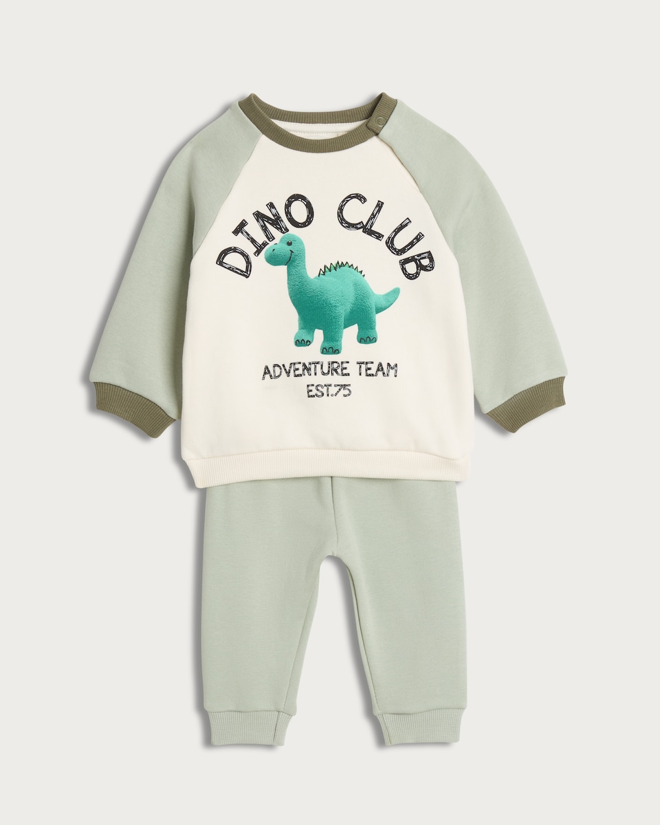 image 1 of F&F Baby 2-Piece Cotton Rich Dino Club Sweatshirt and Joggers Set in Multi