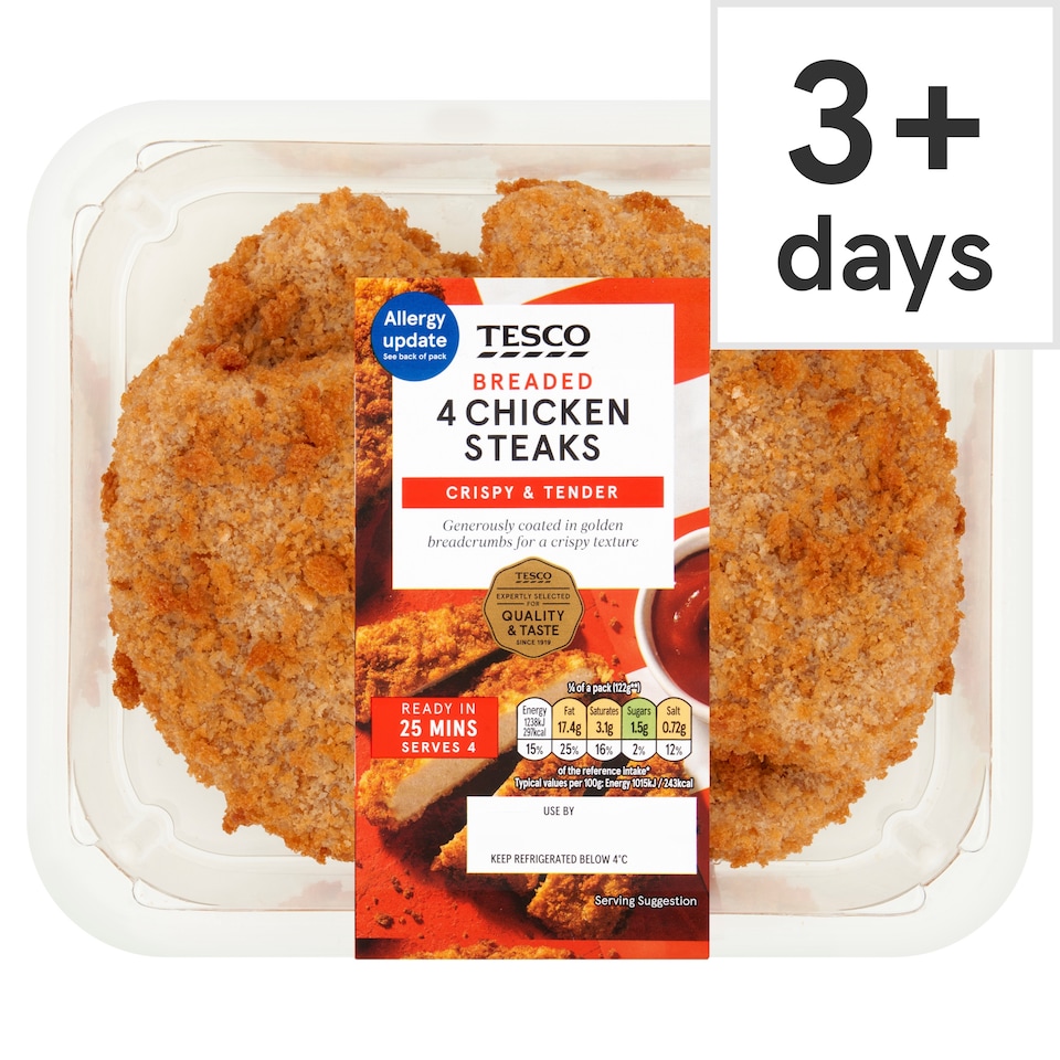 Tesco Breaded Chicken Steaks 4 Pack 505g