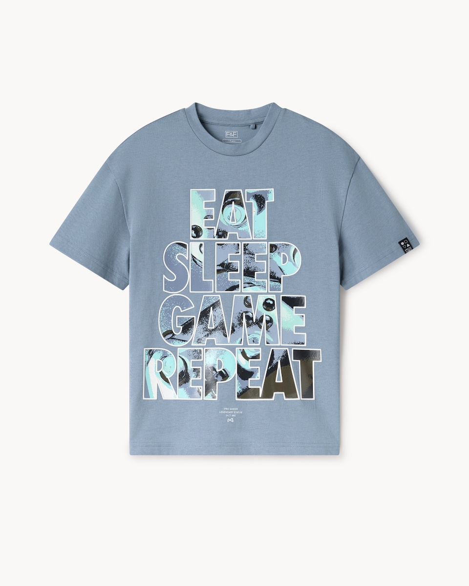 image 1 of F&F Boys Pure Cotton Slogan T-Shirt in Blue