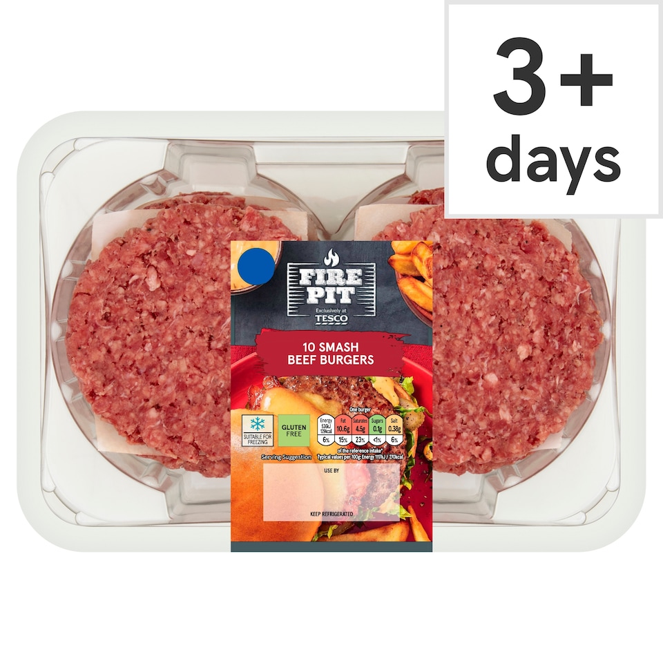 TESCO Fire Pit 10 Smash Beef Burger 850g