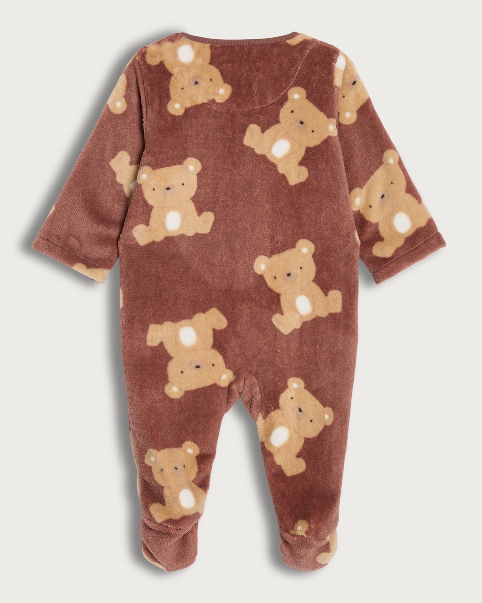 image 1 of F&F Baby Soft Touch Fleece Teddy Bear Print Sleepsuit in Brown
