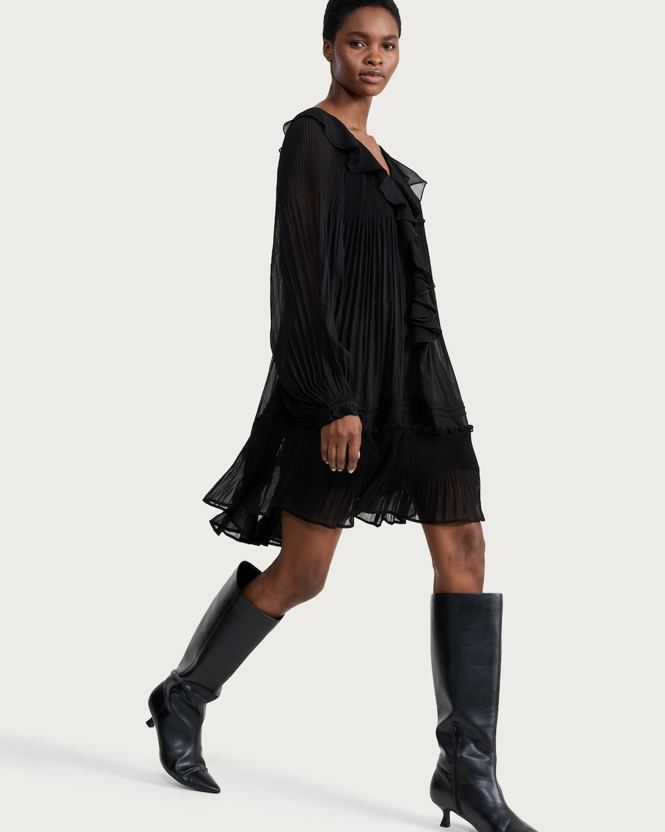 image 1 of F&F Chiffon Ruffled Pleated Mini Dress in Black
