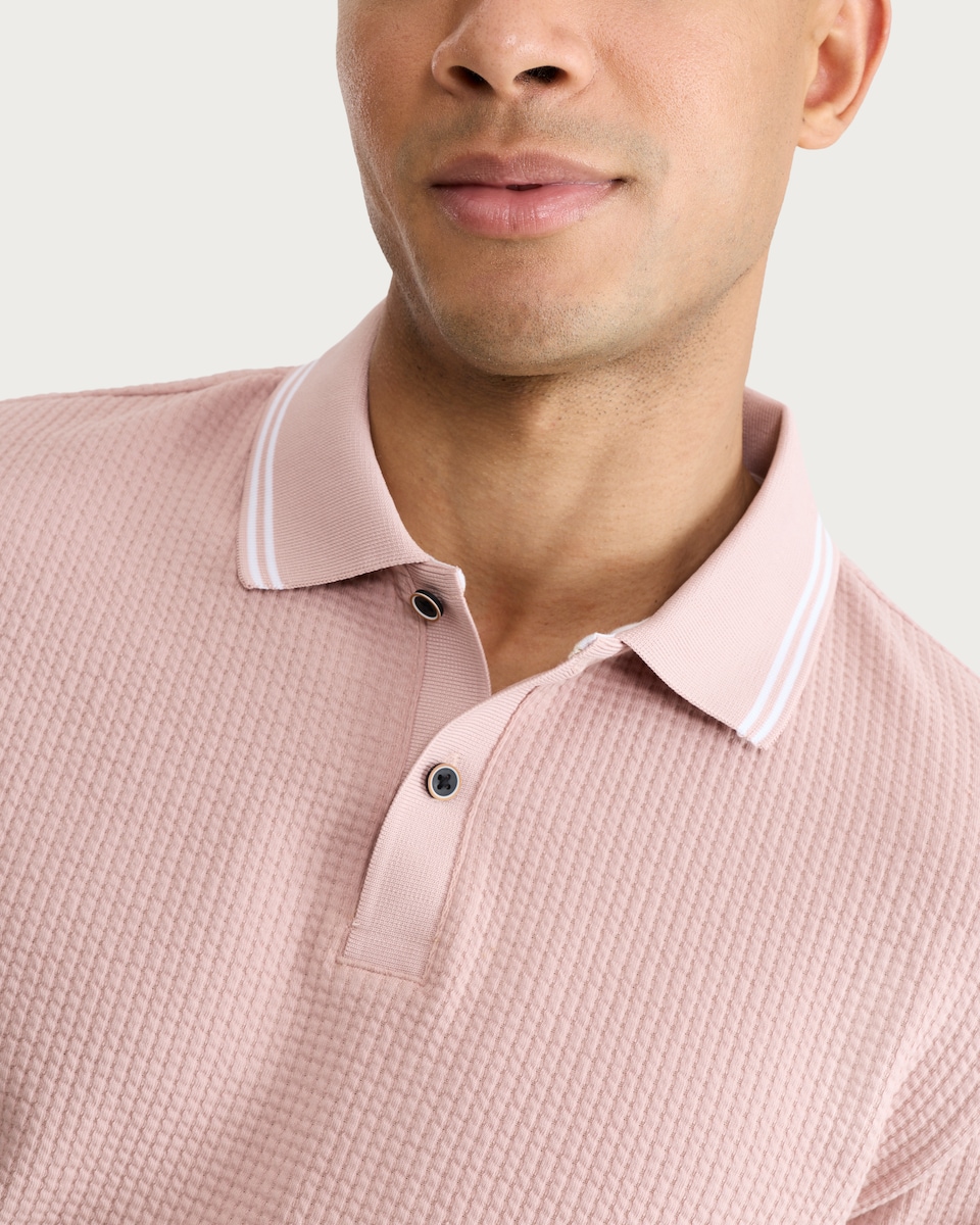 image 1 of F&F Cotton Blend Textured Short Sleeved Polo Shirt in Pink