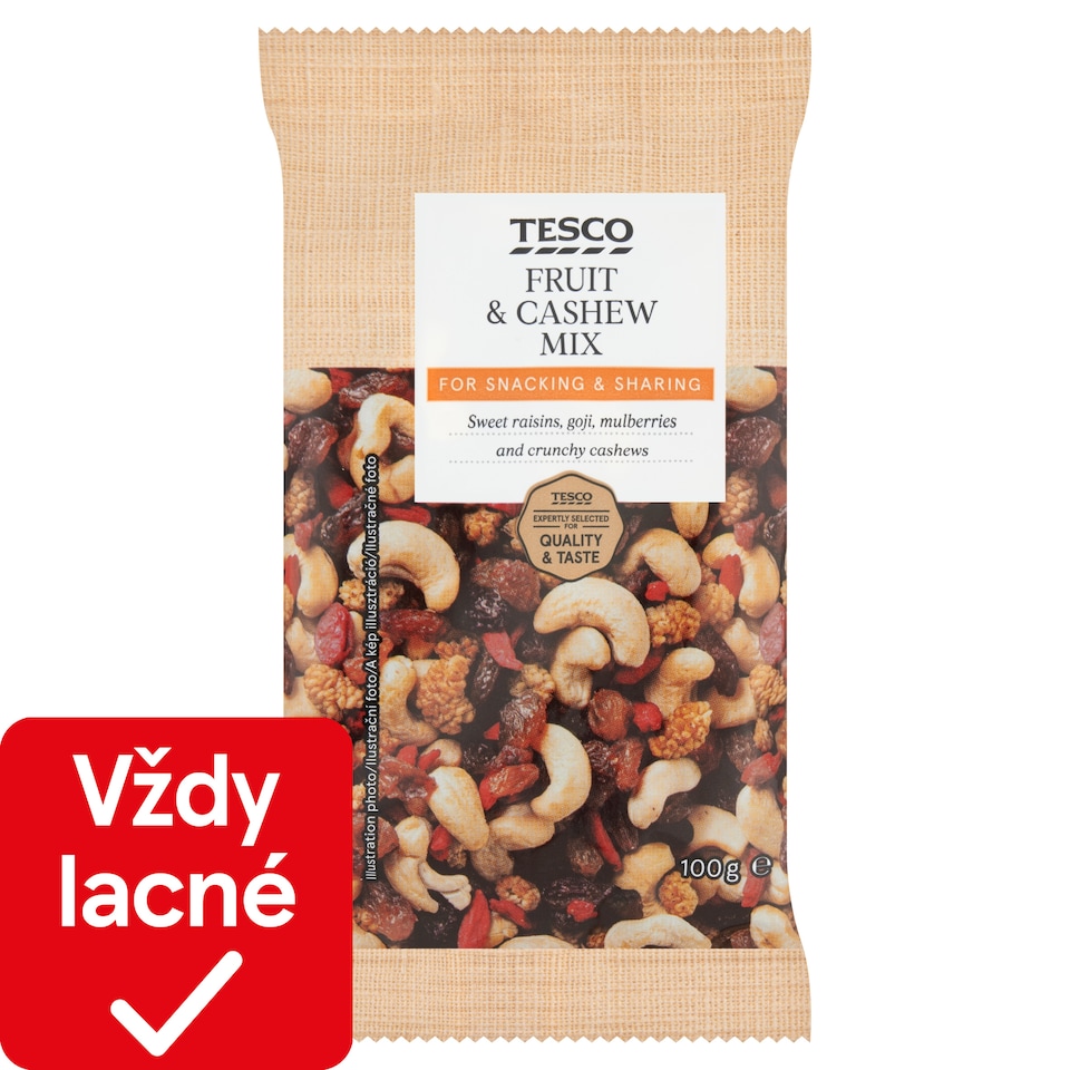 Tesco Zmes kešu orechov, hrozienok, sušených plodov kustovnice čínskej a moruše bielej 100 g