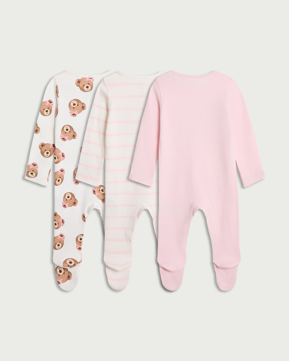 image 1 of F&F Baby 3-Pack Pure Cotton Teddy Bear Printed Sleepsuits in Pink