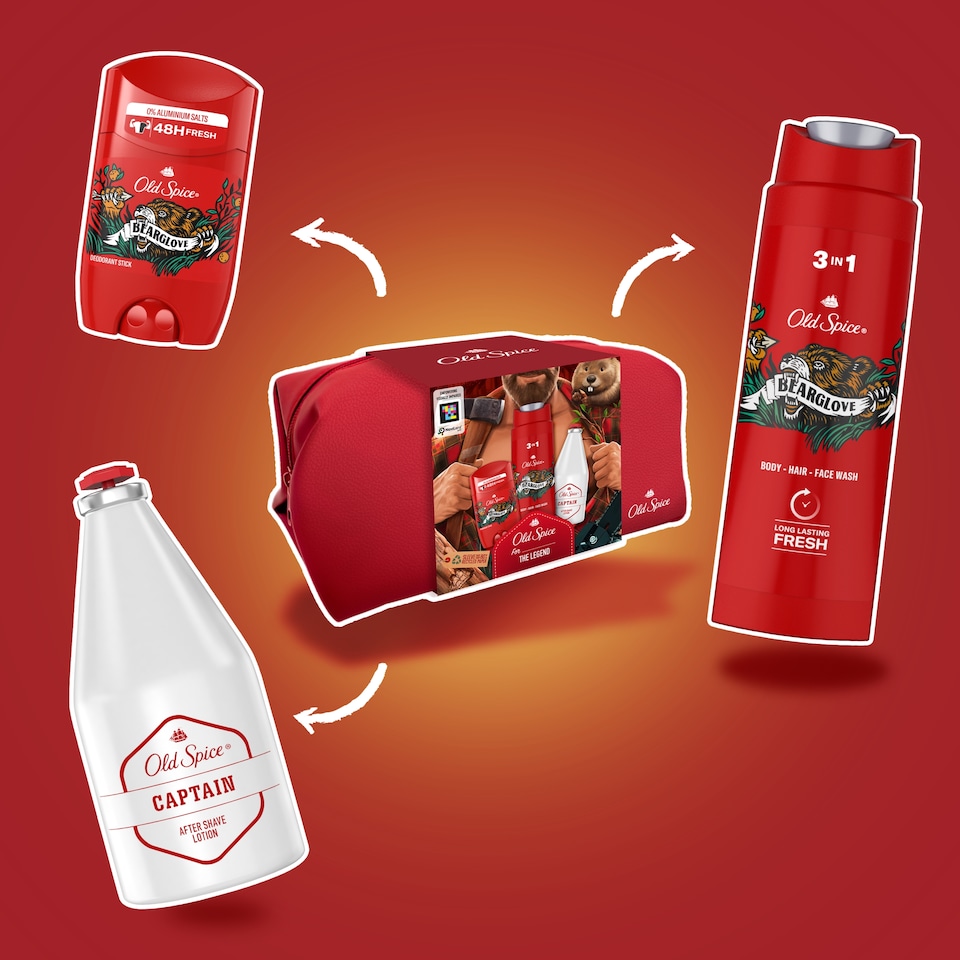 Old Spice Lumberjack Ajándékcsomag Neszesszerben: Bearglove Stift Dezodor, Tusfürdő és Arcszesz 1. kép
