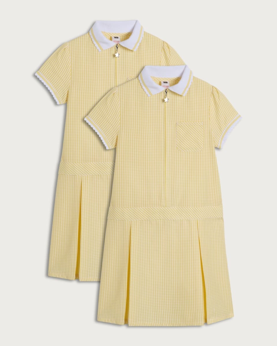 F&F School Girls 2-Pack Gingham Short Sleeved Dresses in Yellow