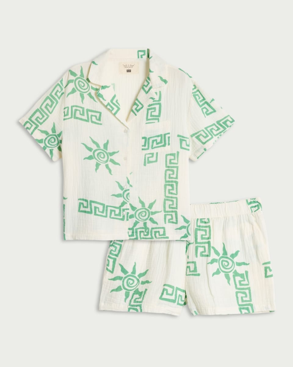 image 1 of F&F Pure Cotton Double Cloth Sun Print Shirt and Shorts Pyjama Set in Multi Green