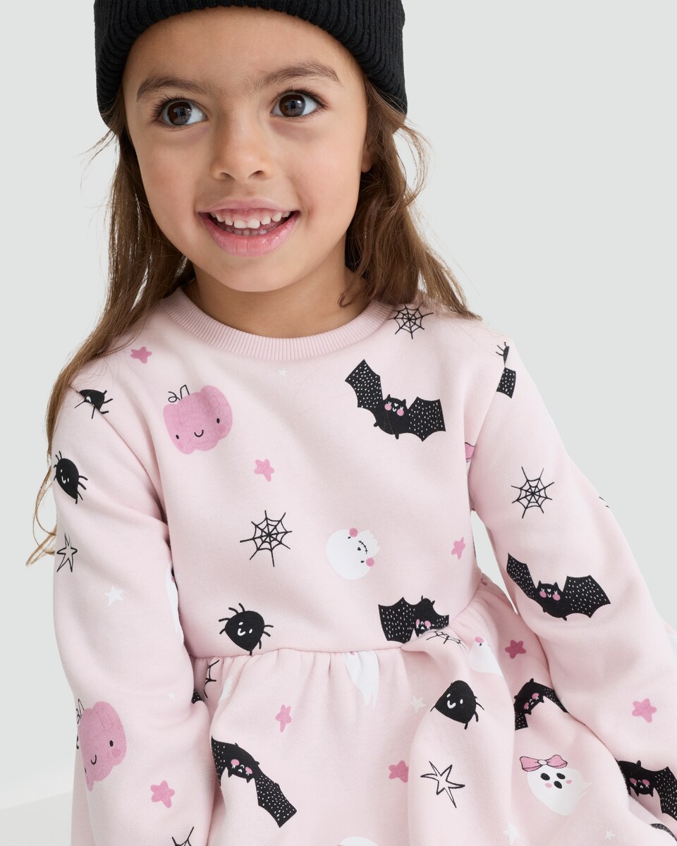 image 1 of F&F Girls Halloween Print Cotton Rich Sweater Dress in Multi