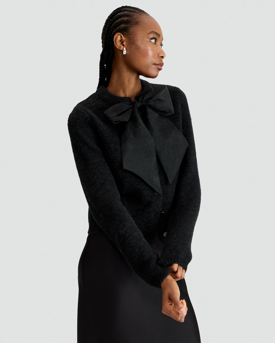 image 1 of The F&F Edit Textured Bow Detail Cardigan with Wool in Black
