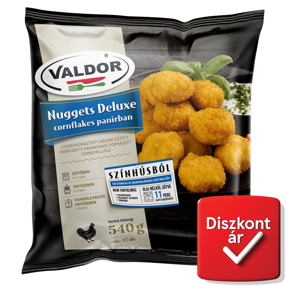 Valdor Nuggets Deluxe gyorsfagyasztott, készre sütött csirkemellfilé cornflakes panírban 540 g