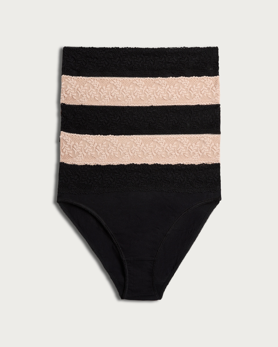 image 1 of F&F 5-Pack Cotton Rich Lace Trim High Leg Knickers in Multi