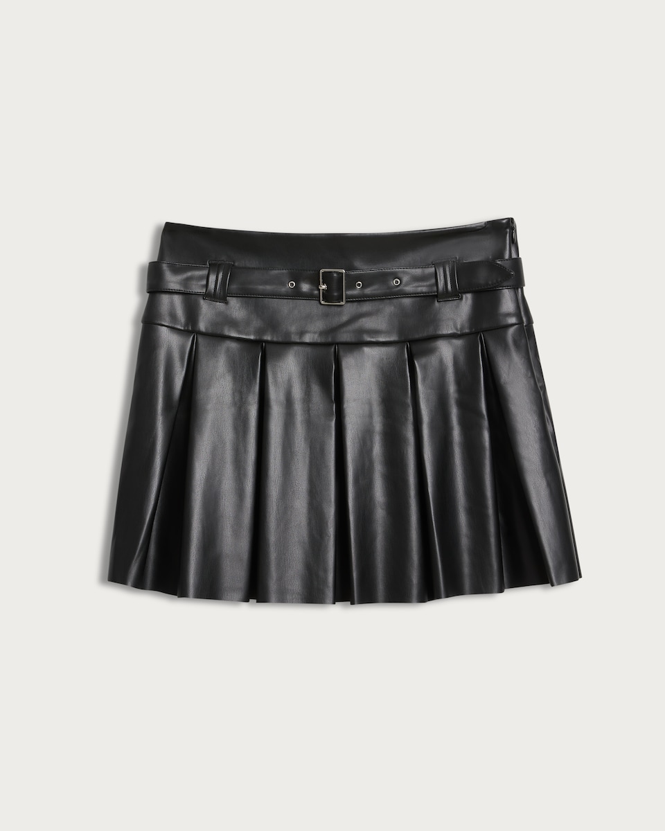 image 1 of OH ME OH MY Faux Leather Pleated Belted Skirt in Black