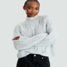 F&F Ribbed High Neck Cable Knit Jumper with Wool in Silver