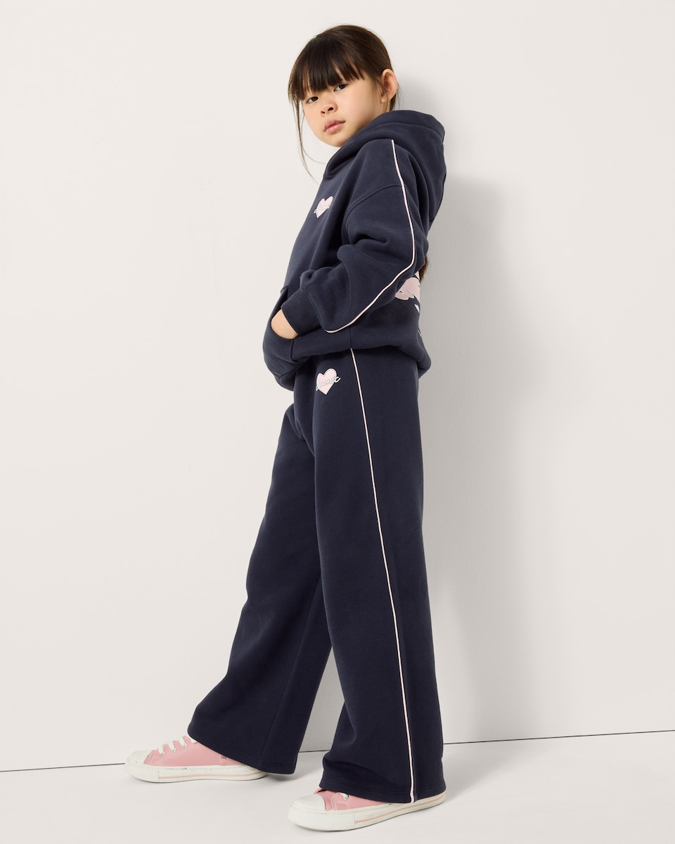image 1 of F&F Girls Cotton Rich Side Stripe Wide Leg Joggers in Navy