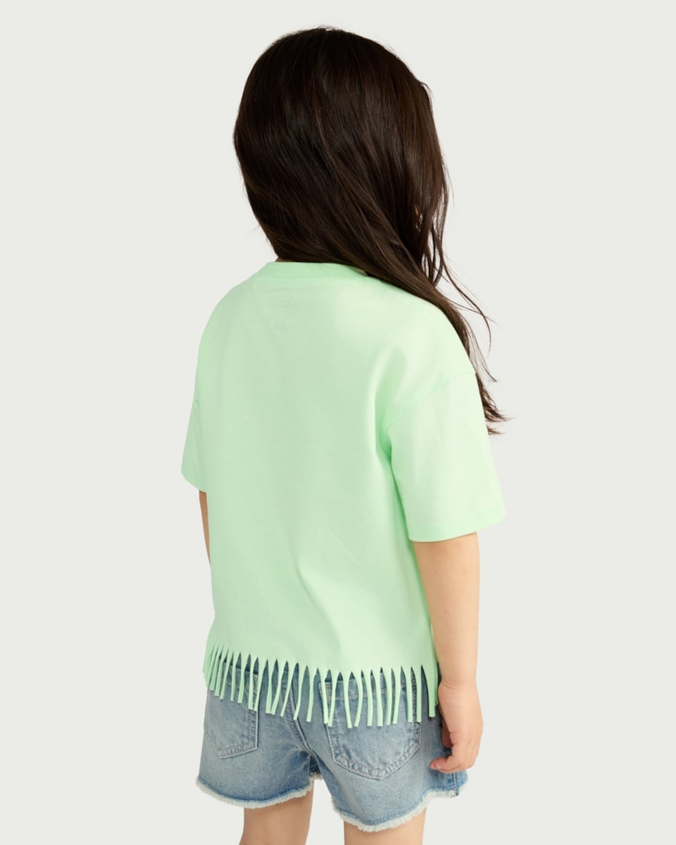 image 1 of F&F Girls Pure Cotton Watermelon Fringed Hem T-Shirt in Green
