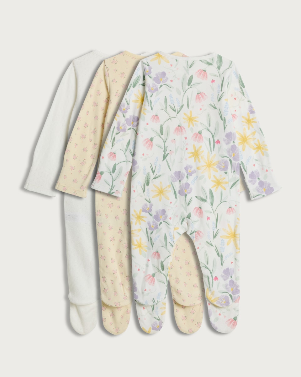 image 1 of F&F Baby 3-Pack Pure Cotton Floral Print Long Sleeved Sleepsuits in Yellow