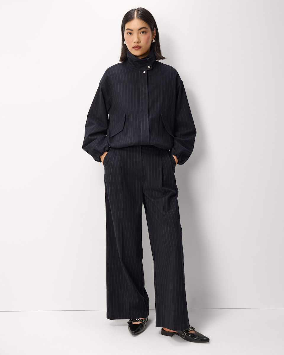 image 1 of F&F Pleated Pinstriped Wide Leg Co-ord Trousers in Navy