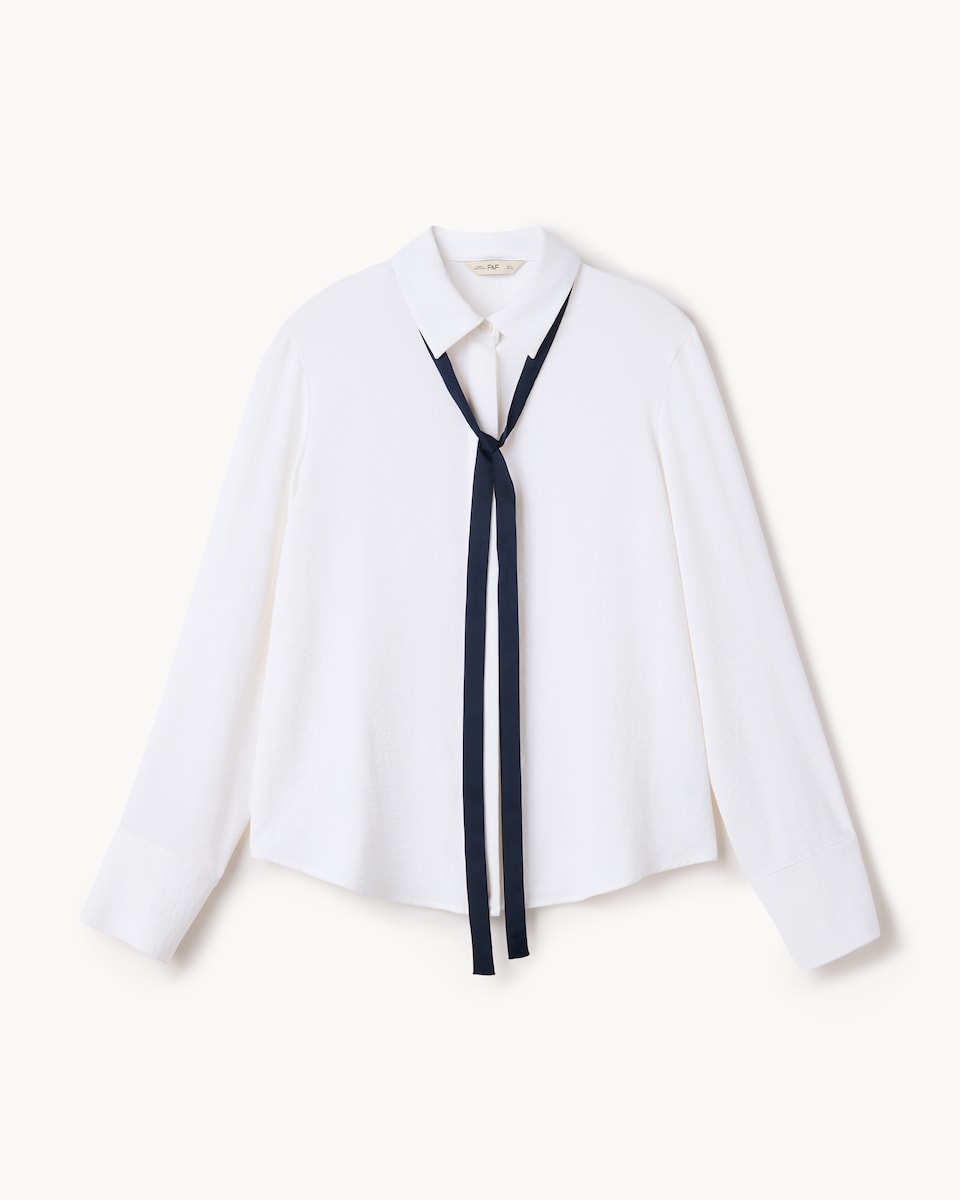image 1 of F&F Textured Tie Neck Blouse in Cream