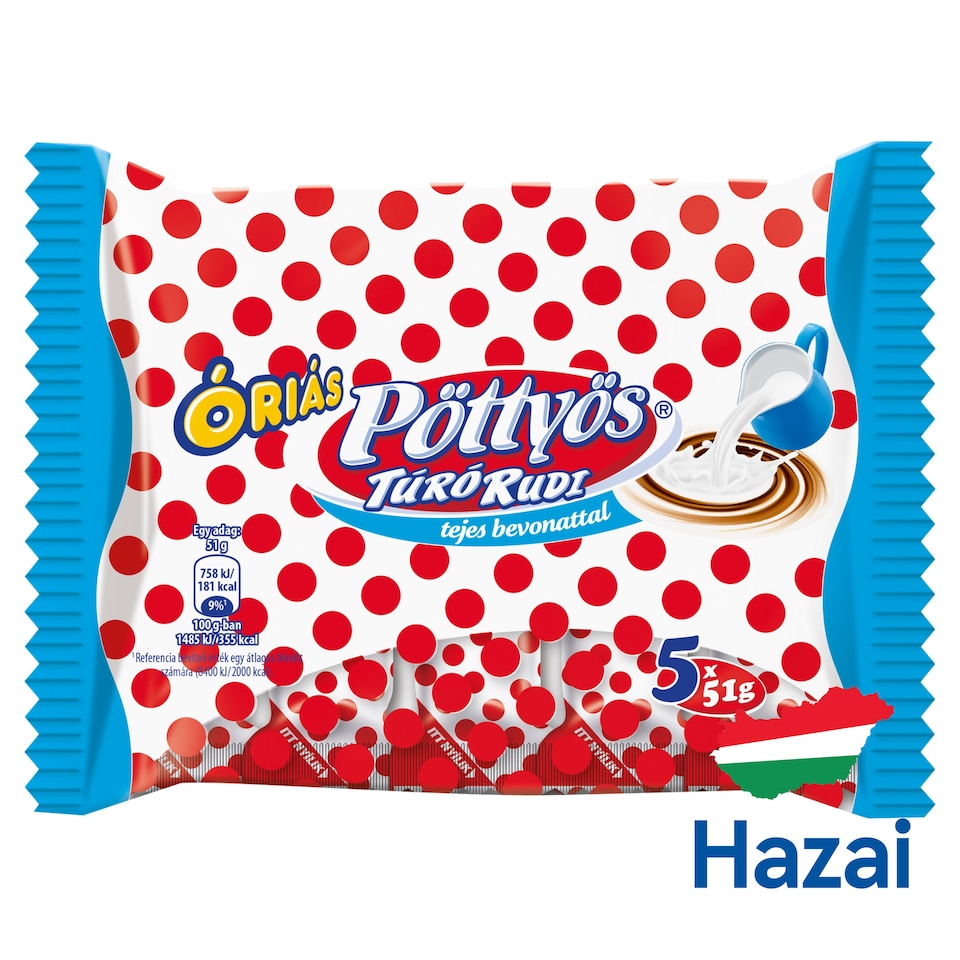 Pöttyös Óriás Túró Rudi Milk Chocolate Coated Unflavoured Cottage Cheese Dessert 5 x 51 g (255 g)