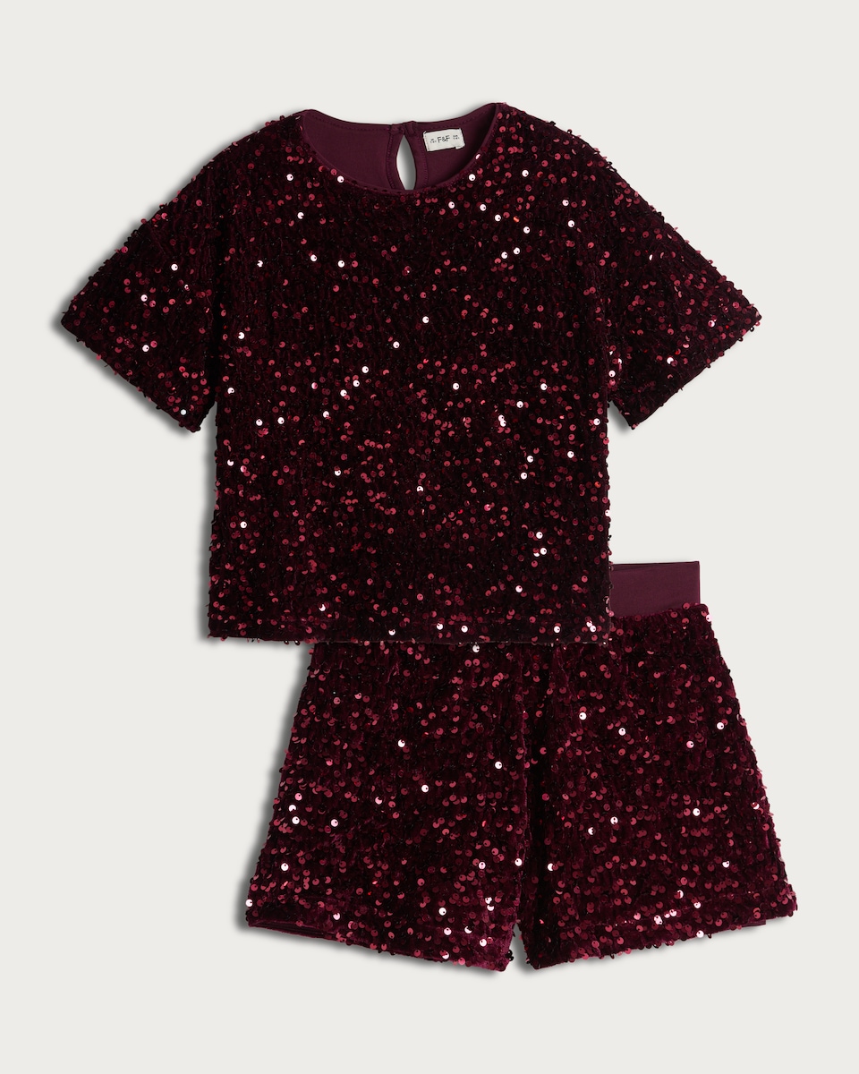 image 1 of F&F Girls Sequin T-Shirt and Shorts Set in Burgundy