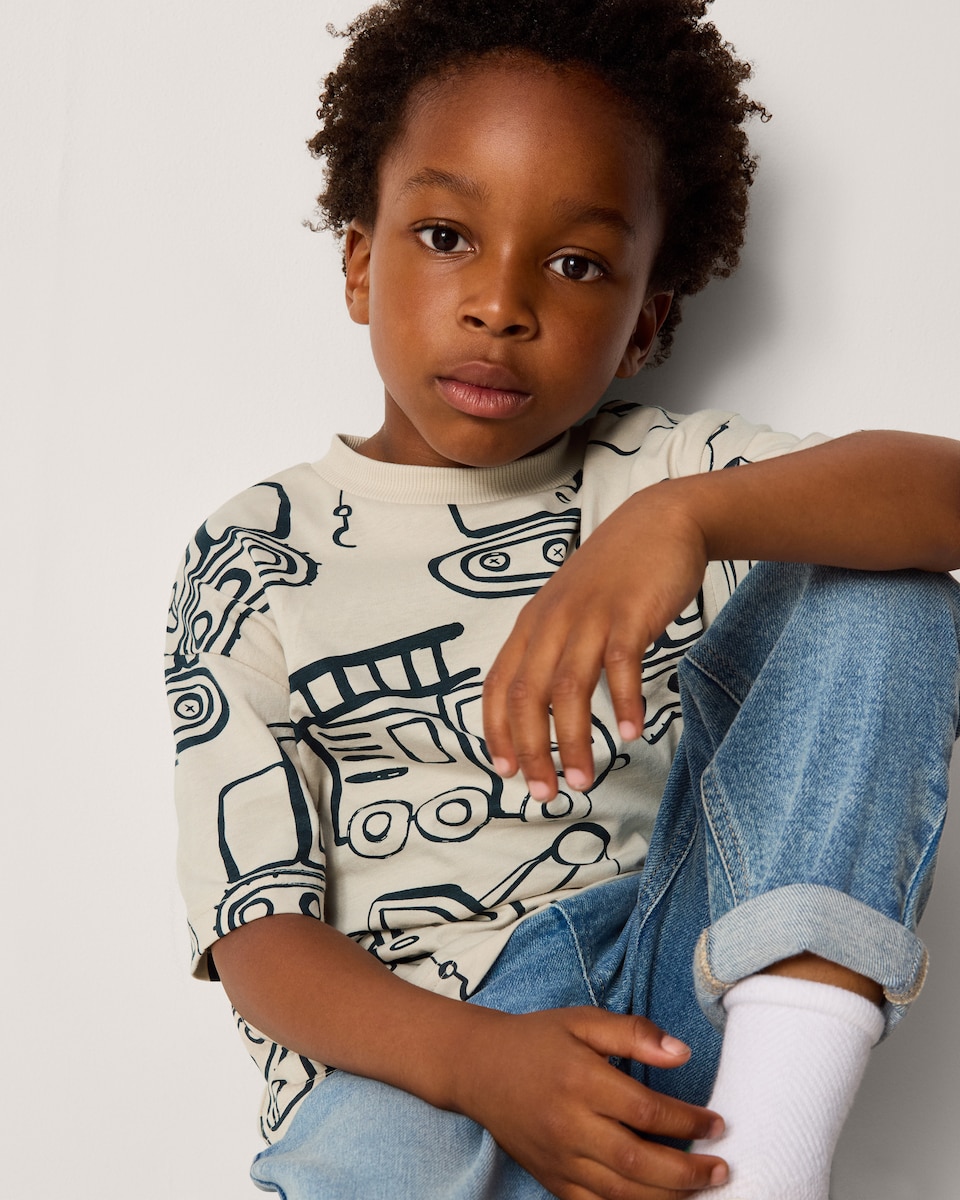 image 1 of F&F Boys Pure Cotton Vehicle T-Shirt in Stone