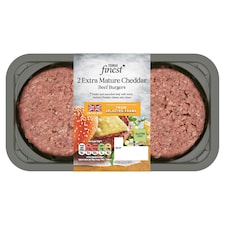 Tesco Finest Extra Mature Cheddar 2 Beef Burgers 340g