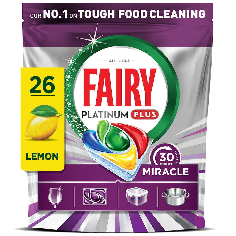 image 1 of Fairy Platinum Plus 30 Minute Miracle Lemon 26 Dishwasher Tablets 428g