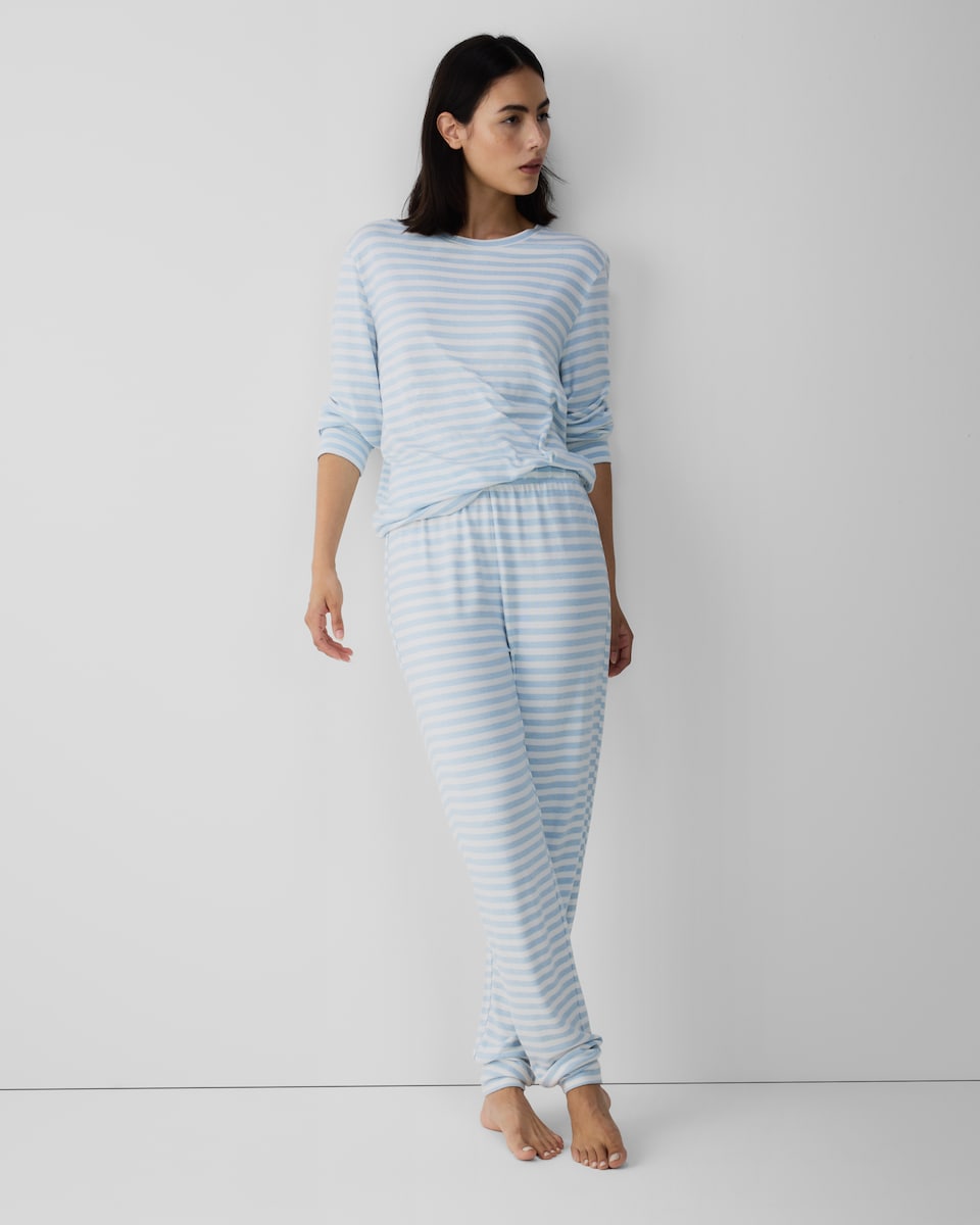 image 1 of F&F Textured Striped Pyjama Set in Multi Blue