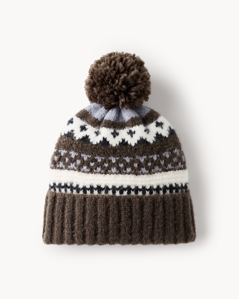 image 1 of F&F Boys Knitted Fair Isle Beanie Hat in Brown