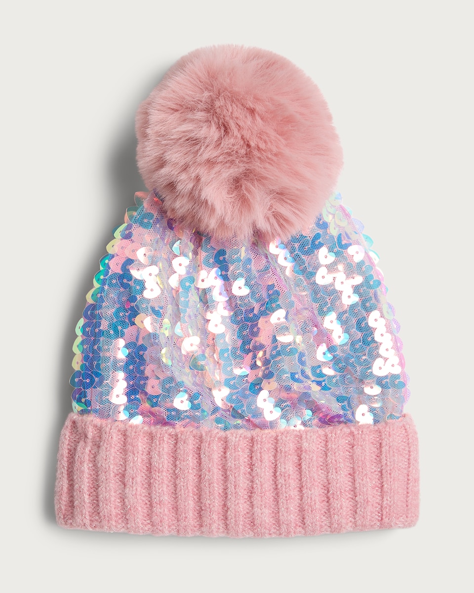 image 1 of F&F Girls Sequin Pom Pom Beanie Hat in Multi