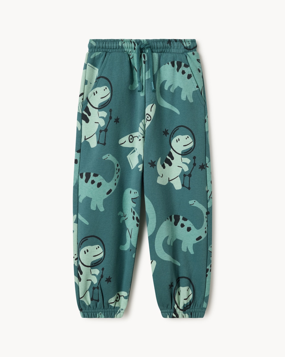 image 1 of F&F Boys Cotton Rich Dinosaur Cuffed Joggers in Teal