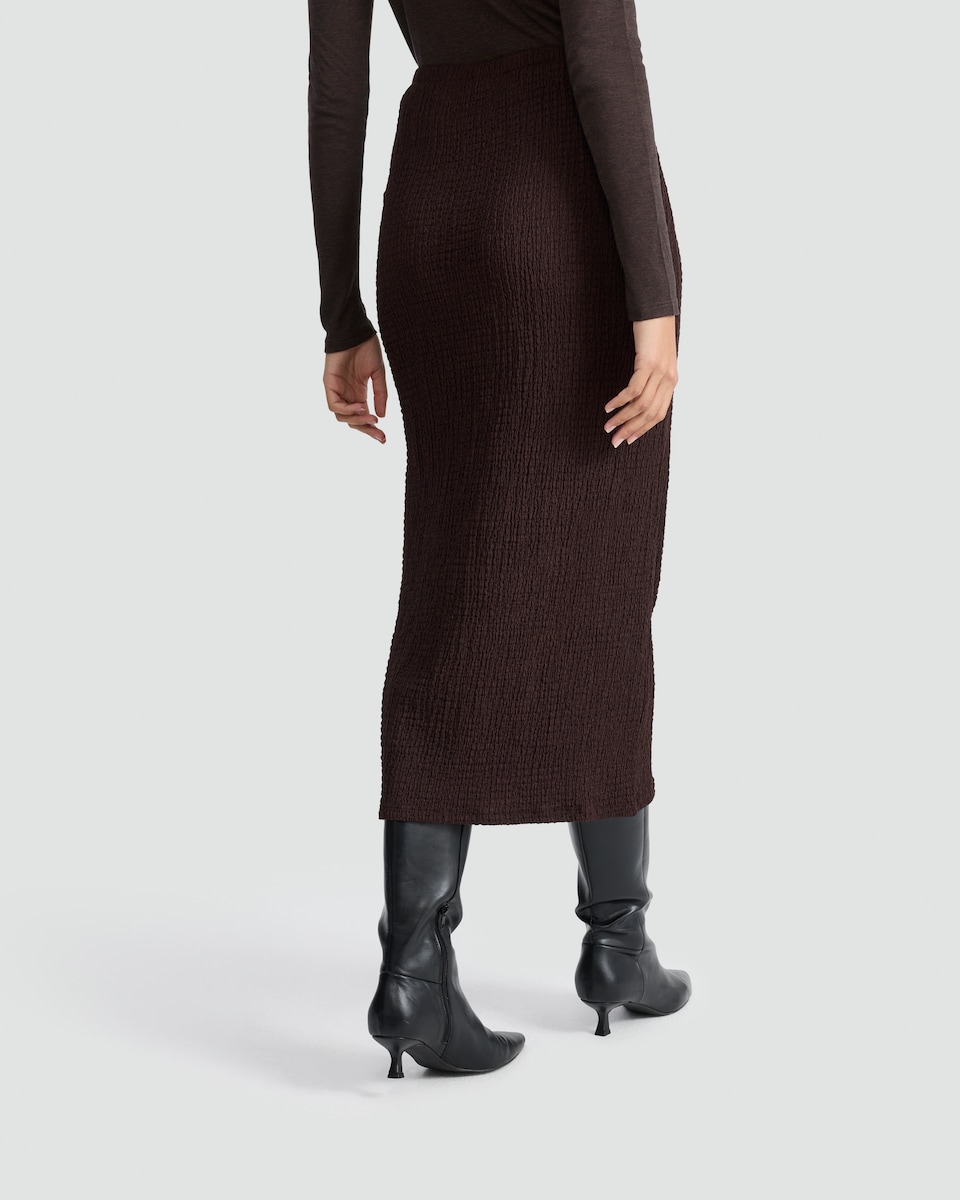image 1 of F&F Textured Drawstring Bubble Midi Skirt in Chocolate