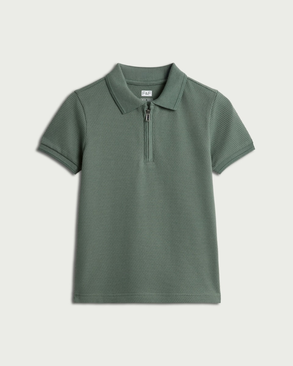 image 1 of F&F Boys Popcorn Textured Zip Neck Polo Shirt in Green