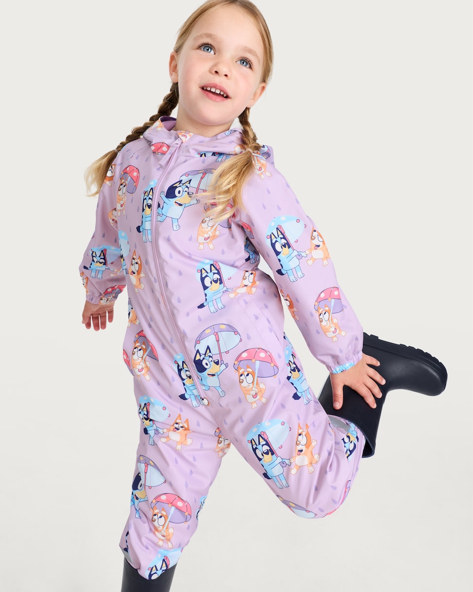 image 1 of Bluey Rainy Day Print Hooded Puddlesuit in Purple
