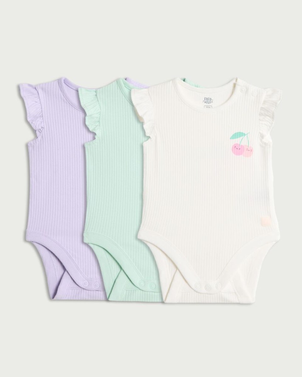 image 1 of F&F Baby 3-Pack Cotton Rich Ribbed Fruit Print Bodysuits in Multi