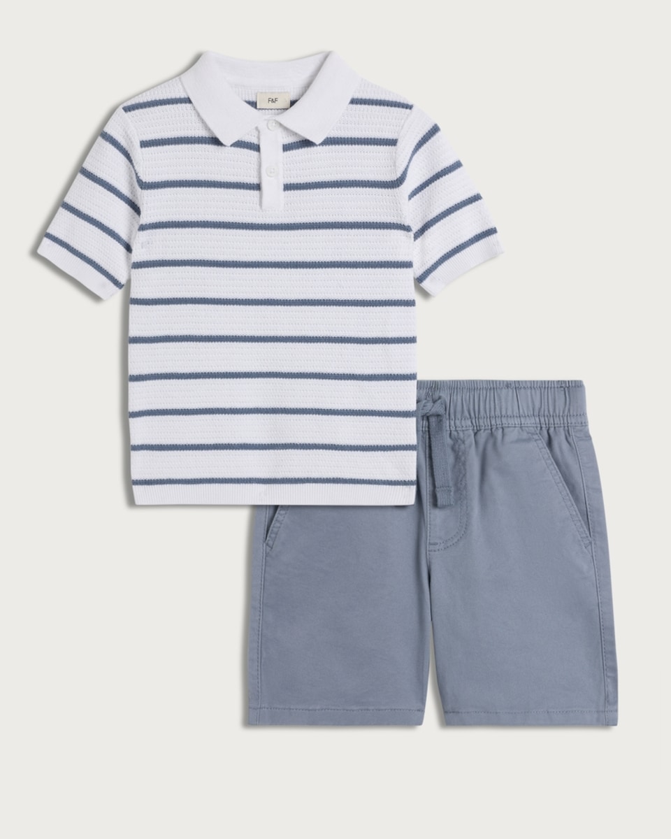 image 1 of F&F Boys 2-Piece Pure Cotton Knitted Striped Polo Shirt and Shorts Set in Blue