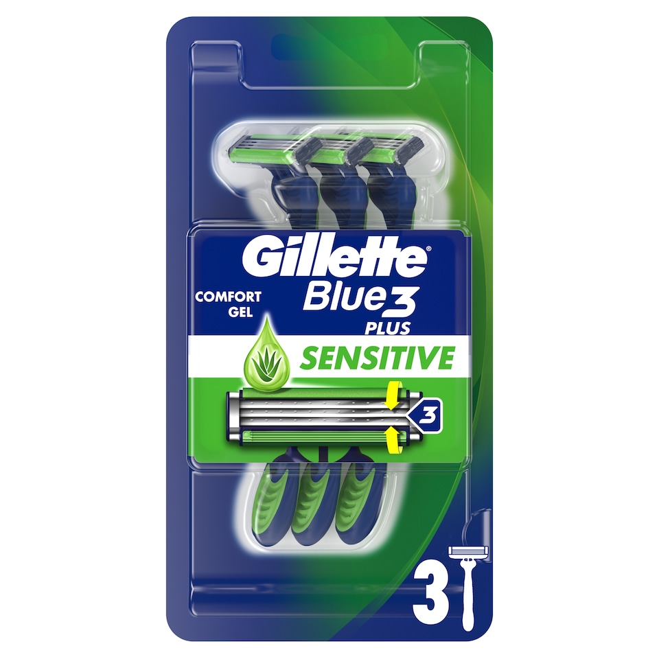 image 1 of Gillette Blue3 Plus Sensitive, Disposable Razors For Men, 3-Pack Razors