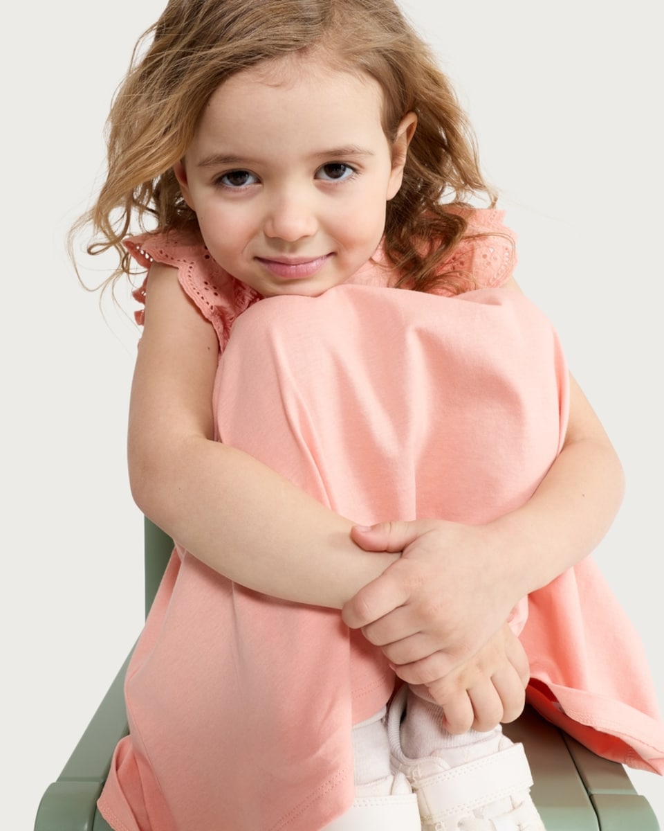 image 1 of F&F Girls Pure Cotton Broderie Frill Dress in Coral