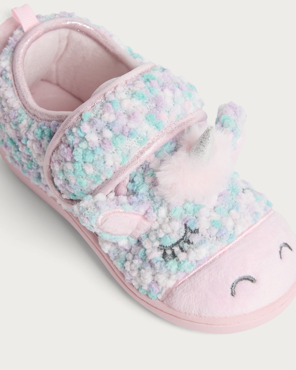 image 1 of F&F Girls Borg Unicorn Slippers in Multi Pink