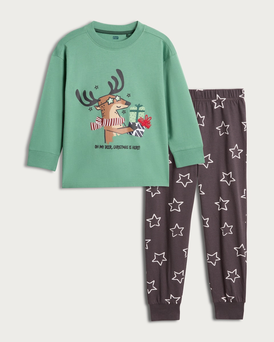 F&F Boys Pure Cotton Deer Sweatshirt and Joggers Pyjamas in Green