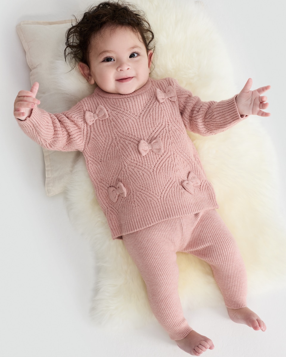 image 1 of F&F Baby 2-Piece Knitted Bow Jumper and Leggings Set in Pink