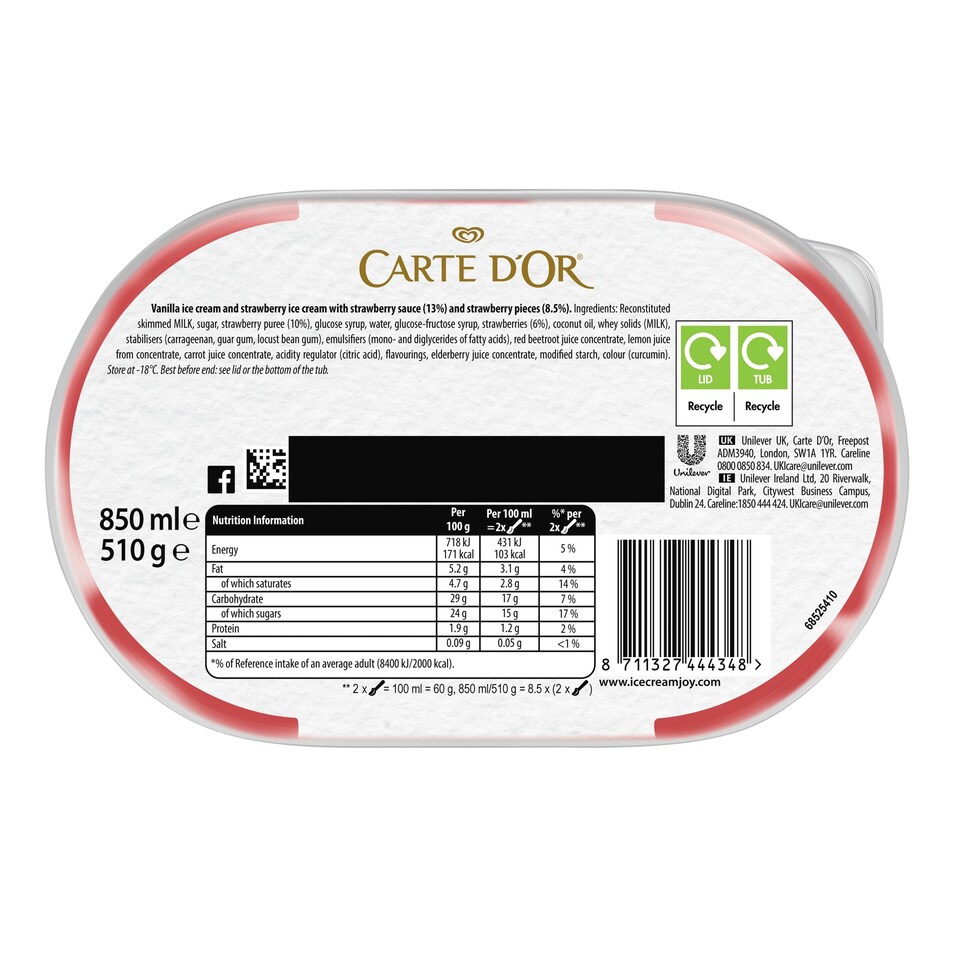 image 1 of Carte D'or Strawberry & Vanilla Ice Cream 850Ml