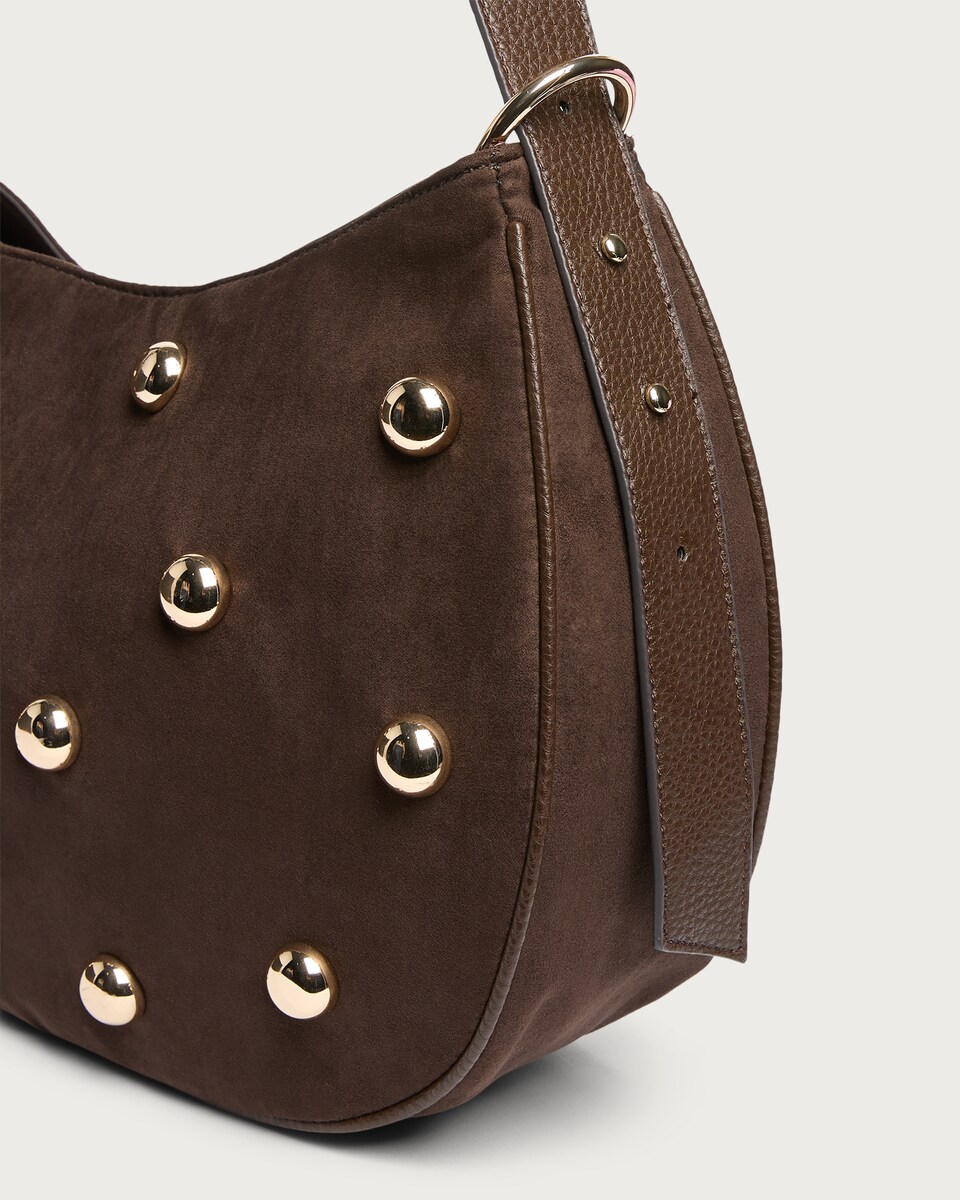 image 1 of SACHA Faux Suede Studded Shoulder Bag in Brown