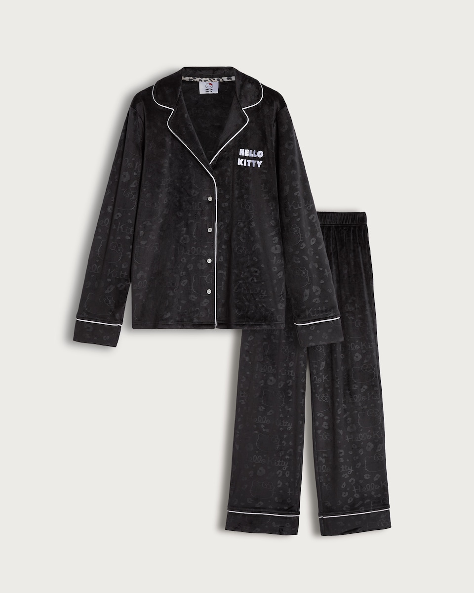 image 1 of Hello Kitty Fleece Printed Revere Pyjama Set in Black