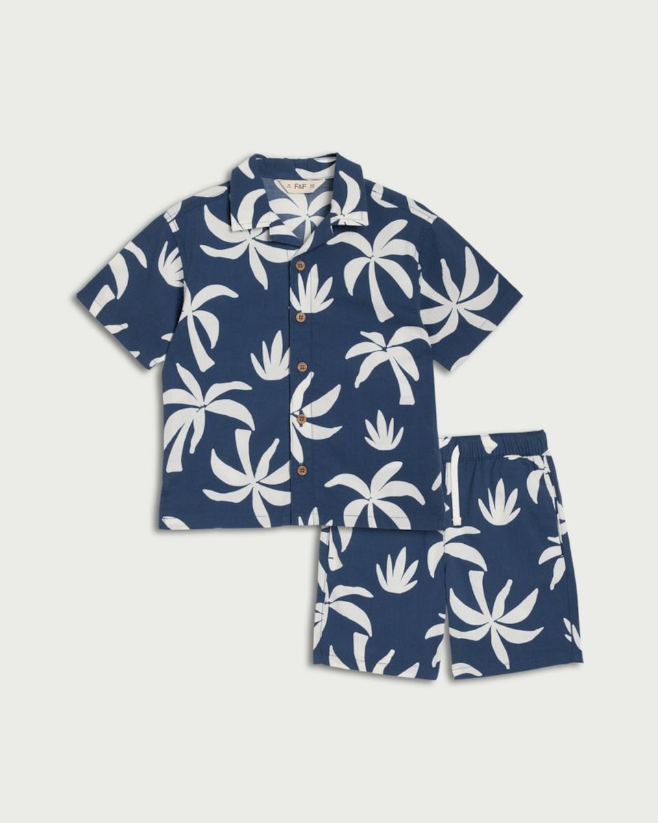 image 1 of F&F Boys 2-Piece Cotton Rich Palm Print Shirt and Shorts Set in Navy