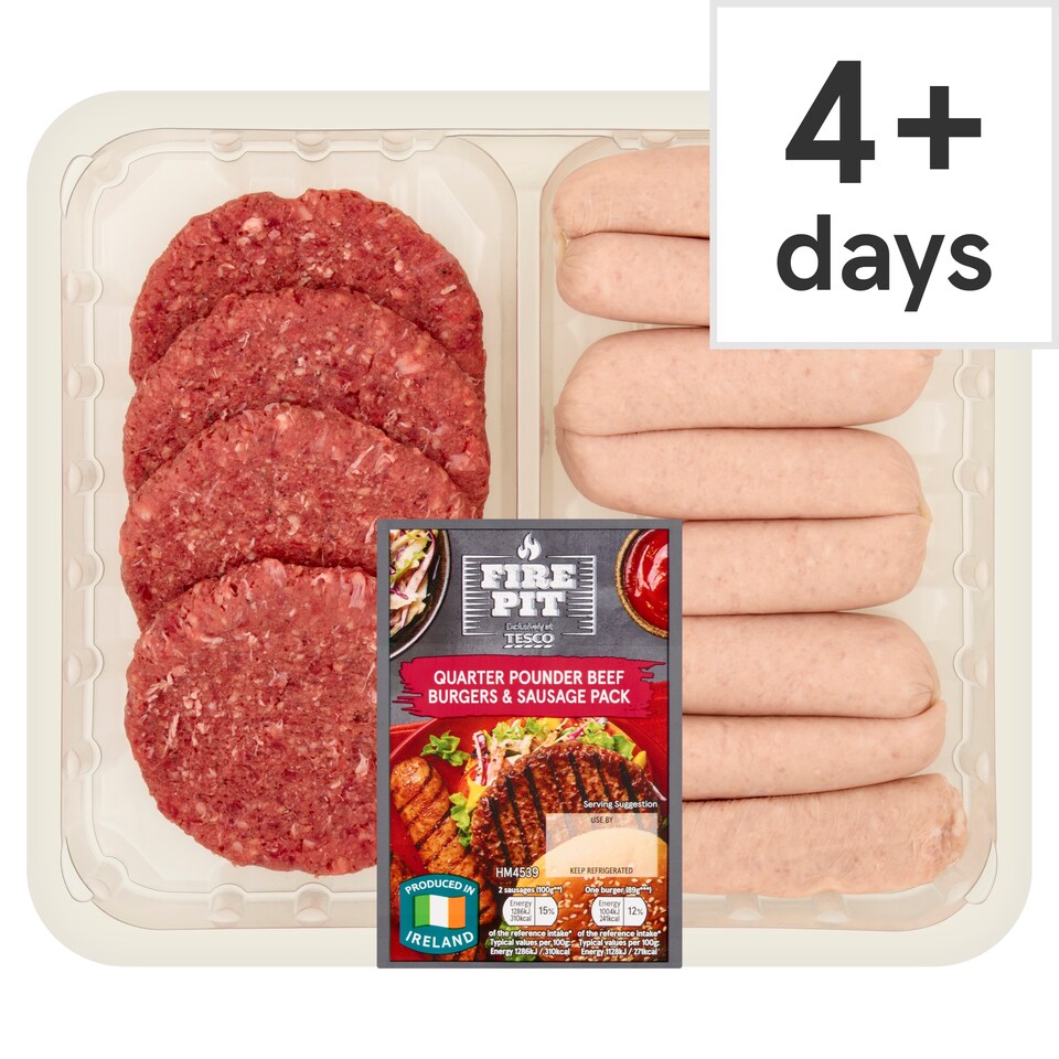 Tesco Fire Pit Quarter Pounder Beef Burgers And Sausages Pack 908G